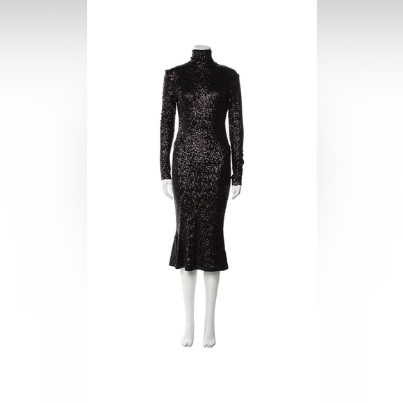 Norma Kamali Black Sequin Long-Sleeve Turtleneck Fishtail Dress - Picture 2 of 6
